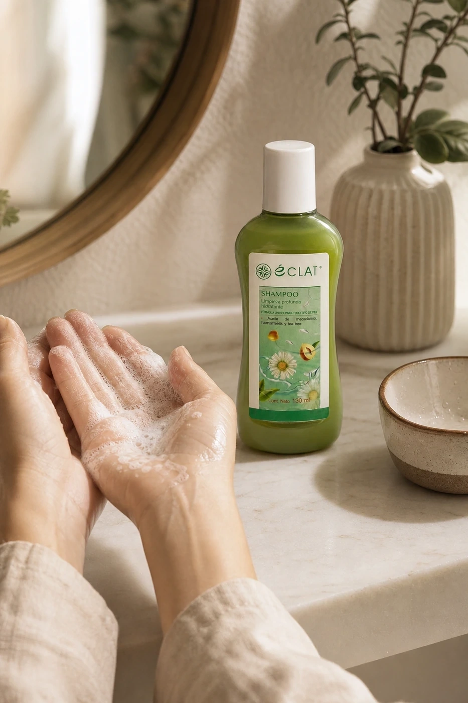 Shampoo facial de Tea Tree Éclat formando espuma entre las manos en una rutina facial