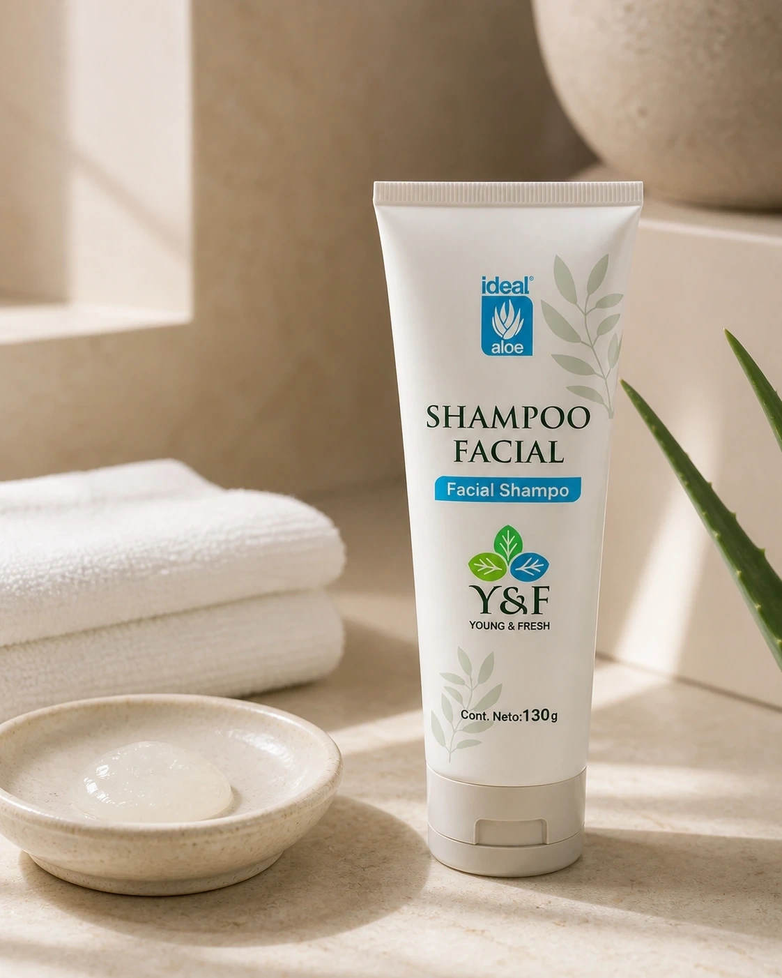 Shampoo Facial Young & Fresh junto a gel limpiador, toalla y aloe en un tocador