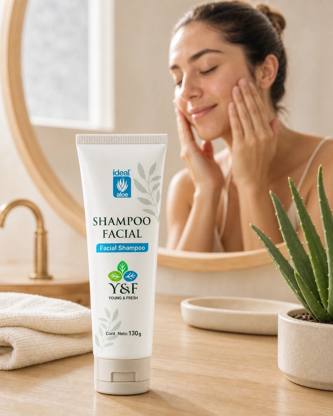 Shampoo Facial Young & Fresh en un tocador cálido con modelo frente a un espejo
