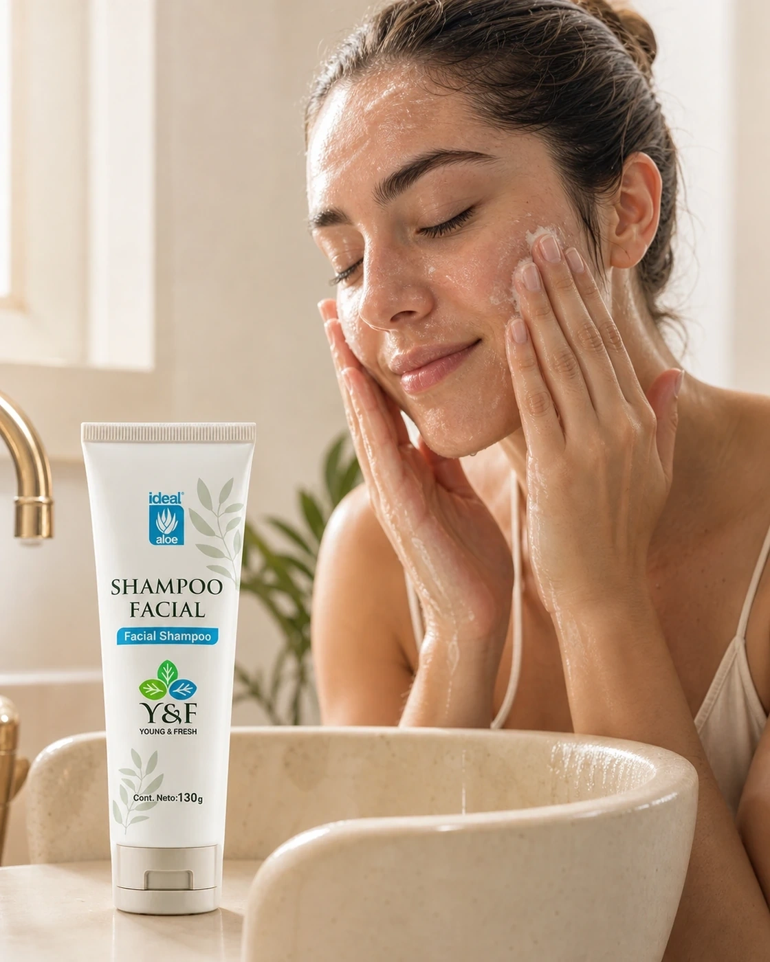 Shampoo Facial Young & Fresh en un ritual de limpieza facial con espuma sobre el rostro