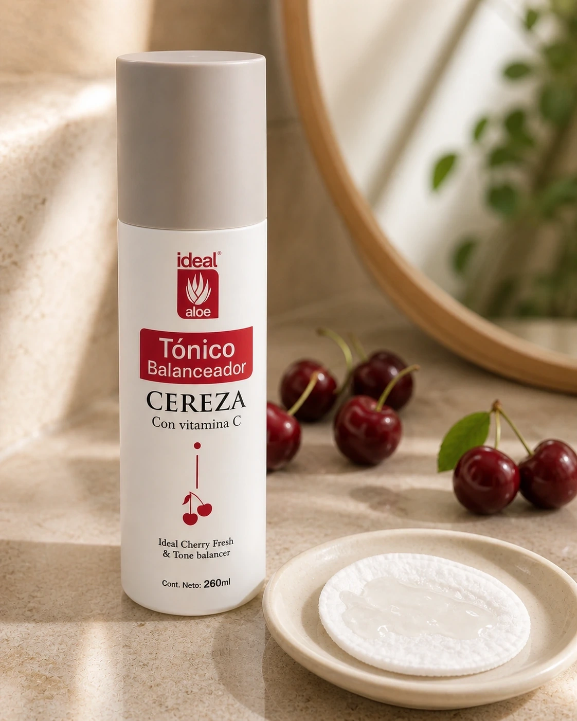 Tónico Balanceador de Cereza junto a un algodón con tónico y cerezas sobre piedra crema