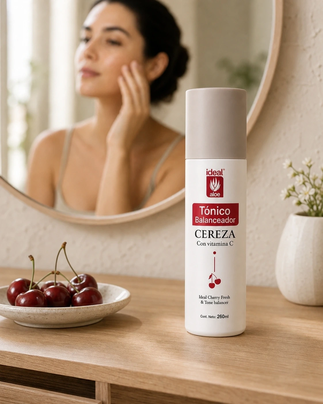 Tónico Balanceador de Cereza en un tocador de madera frente a un espejo con modelo