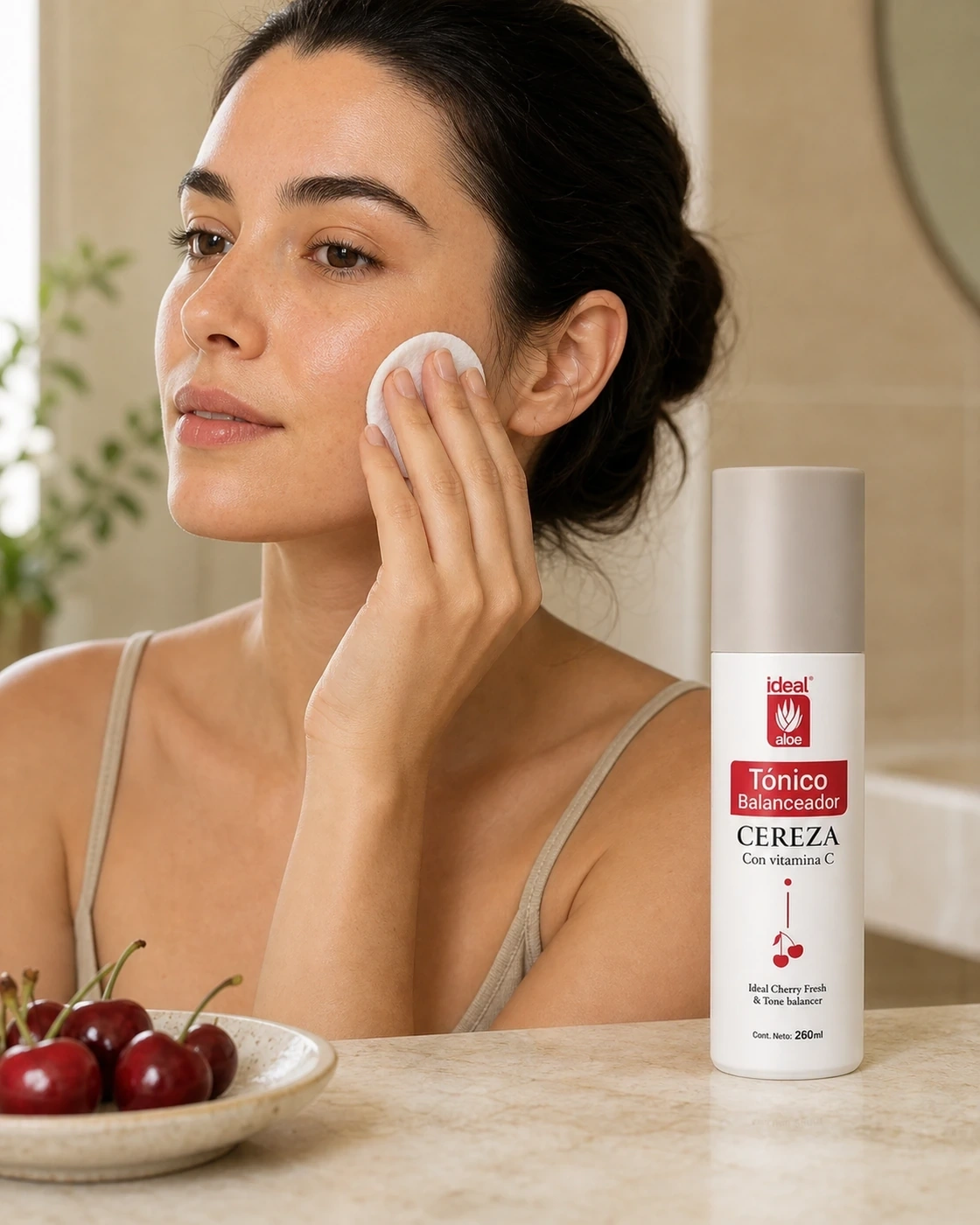 Tónico Balanceador de Cereza aplicado con algodón sobre el rostro junto a cerezas