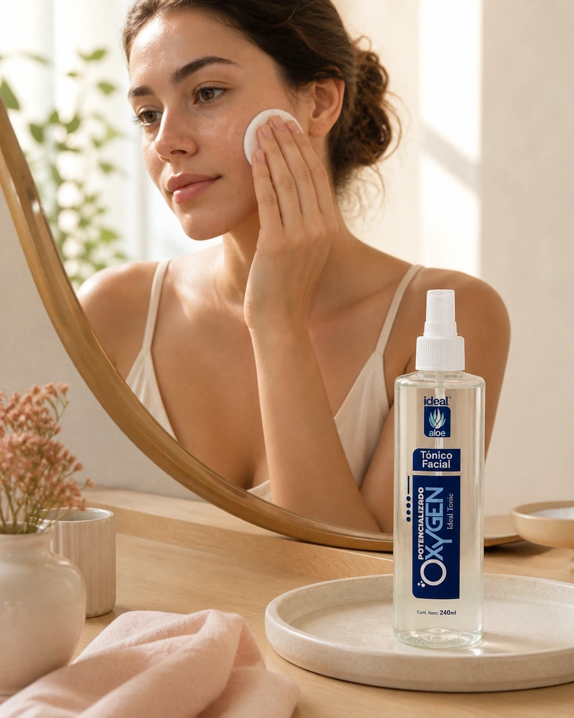 Mujer usando un algodón frente a un espejo junto a la botella transparente de Tónico Facial Oxigenizado