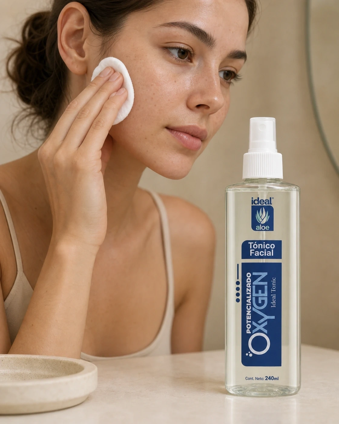 Mujer pasando un algodón por el rostro junto al frasco de Tónico Facial Oxigenizado