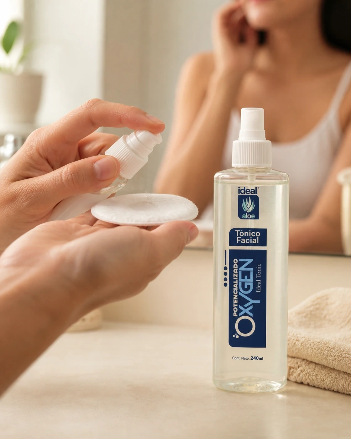 Aplicación del Tónico Facial Oxigenizado sobre un algodón junto al frasco transparente con etiqueta azul