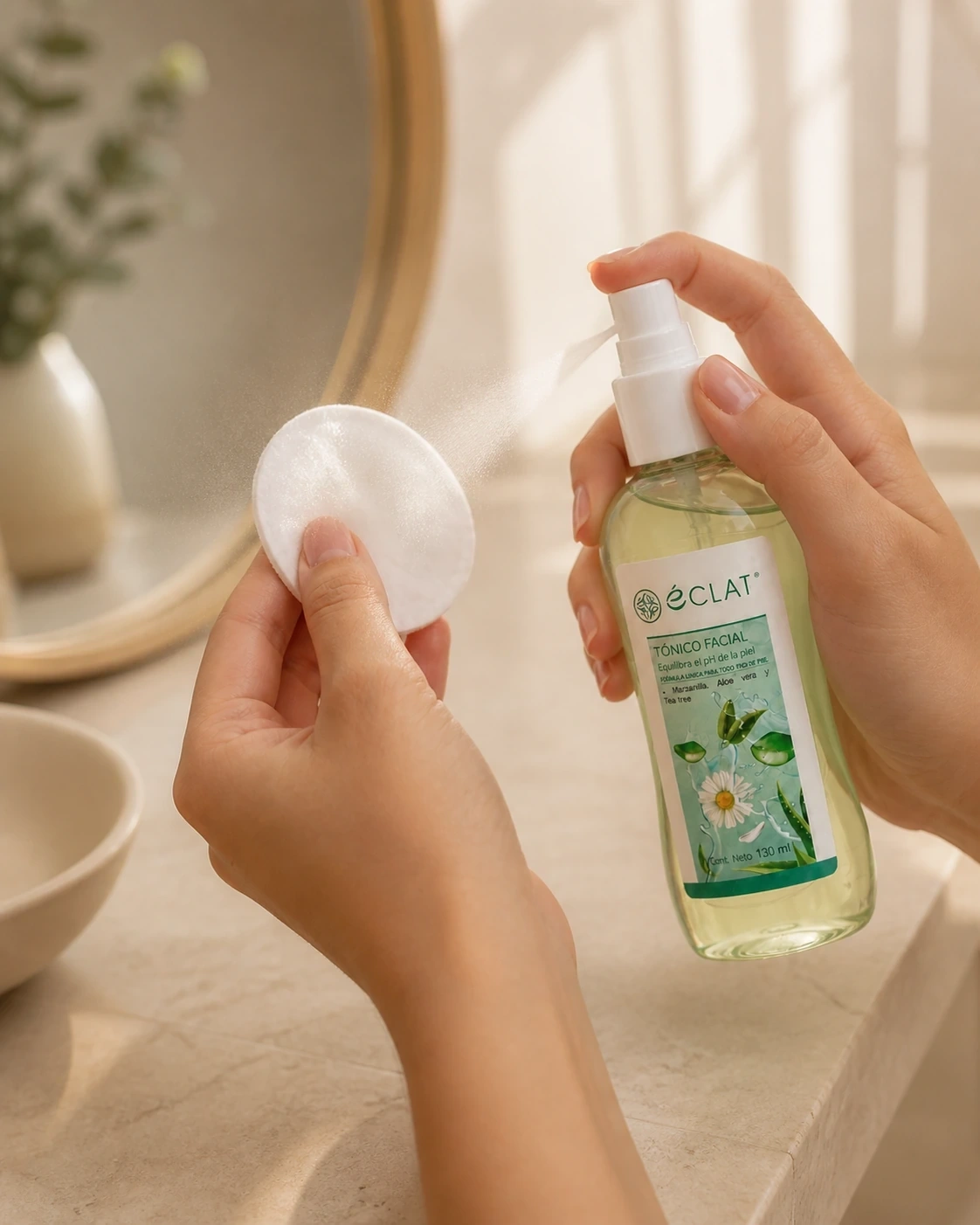 Tónico facial de Tea Tree Éclat pulverizado sobre un algodón en un tocador cálido