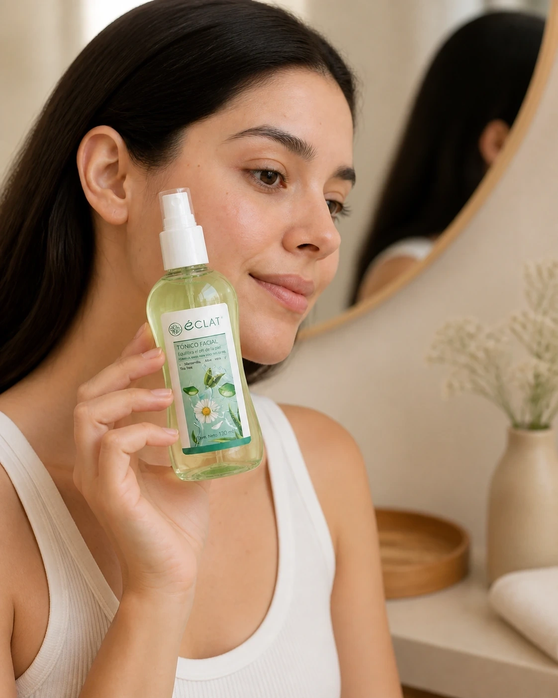 Tónico facial de Tea Tree Éclat junto a una modelo frente a un espejo
