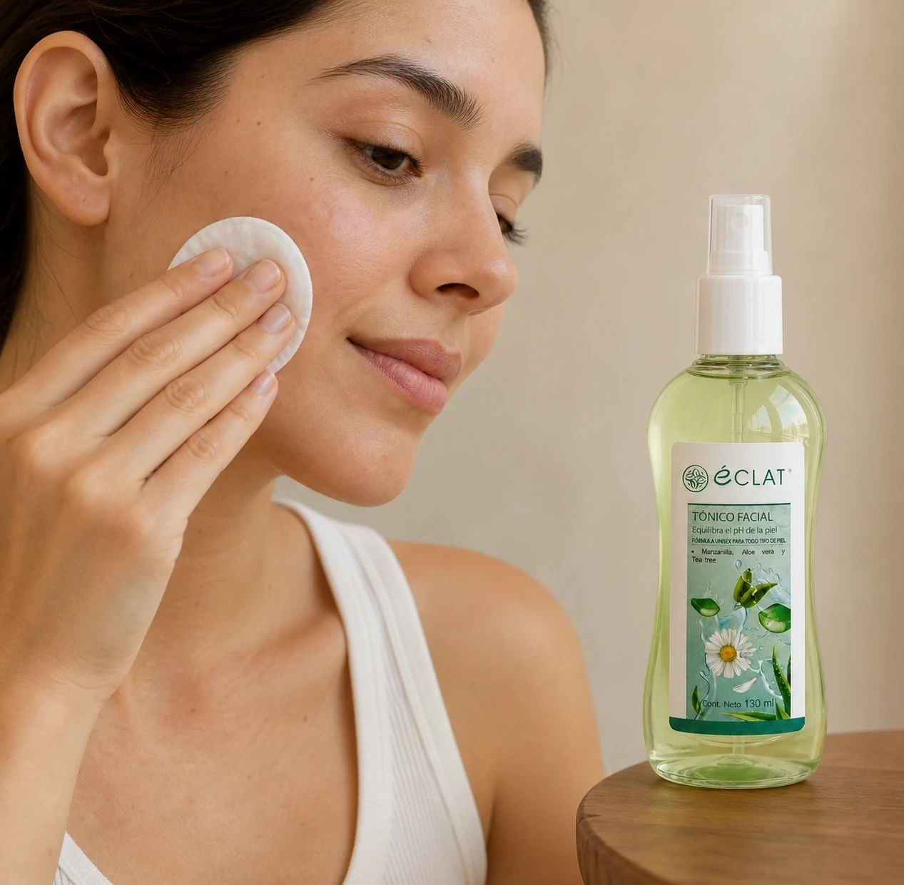 Tónico facial de Tea Tree Éclat aplicado con algodón sobre la mejilla