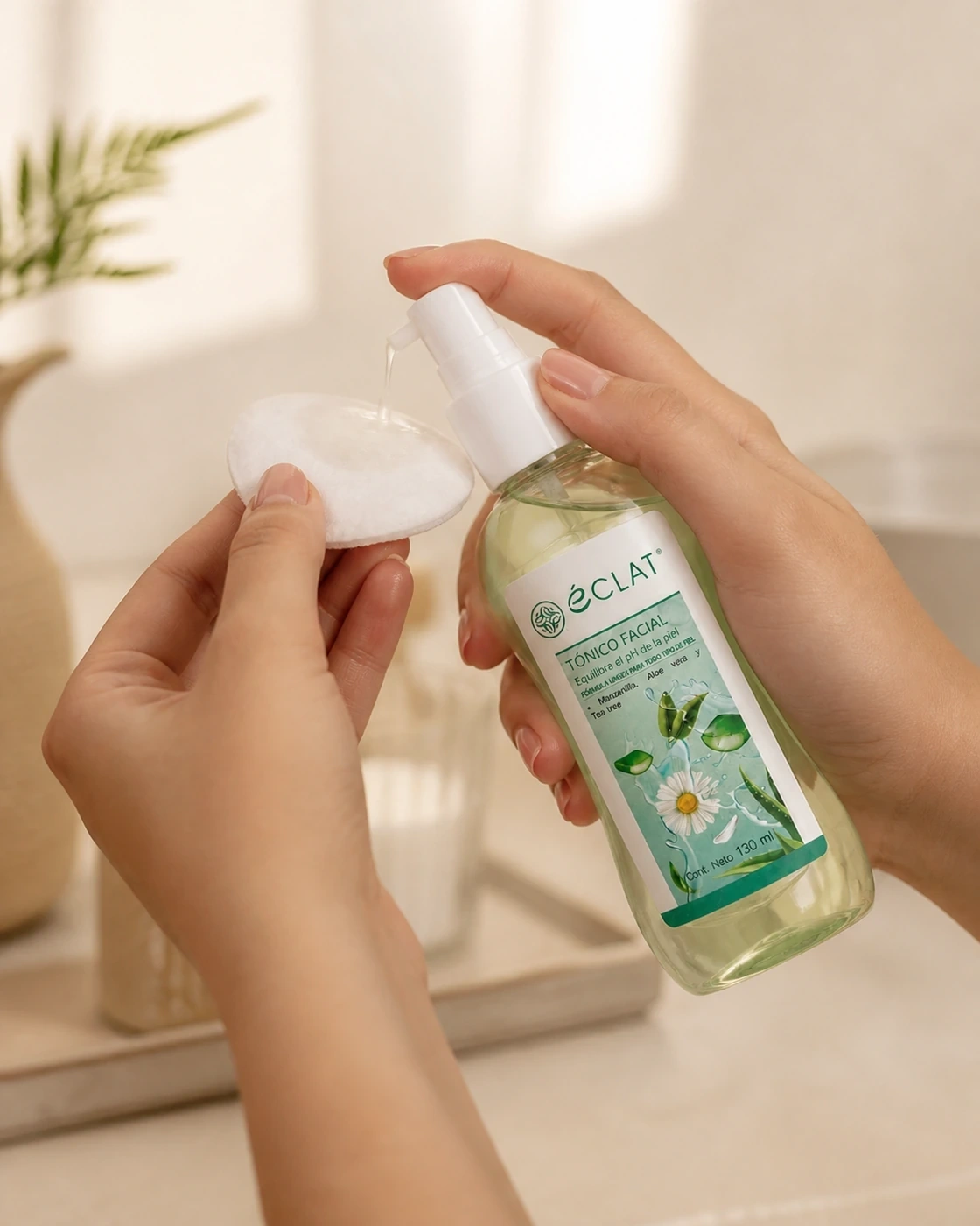 Tónico facial de Tea Tree Éclat aplicado desde su atomizador sobre un algodón