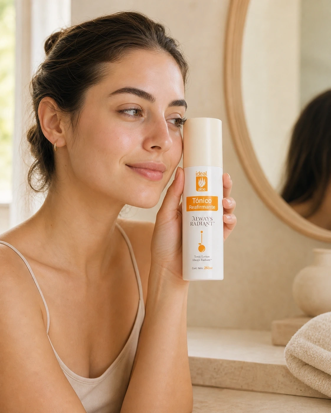 Tónico Reafirmante Always Radiant junto al rostro en un baño cálido frente al espejo