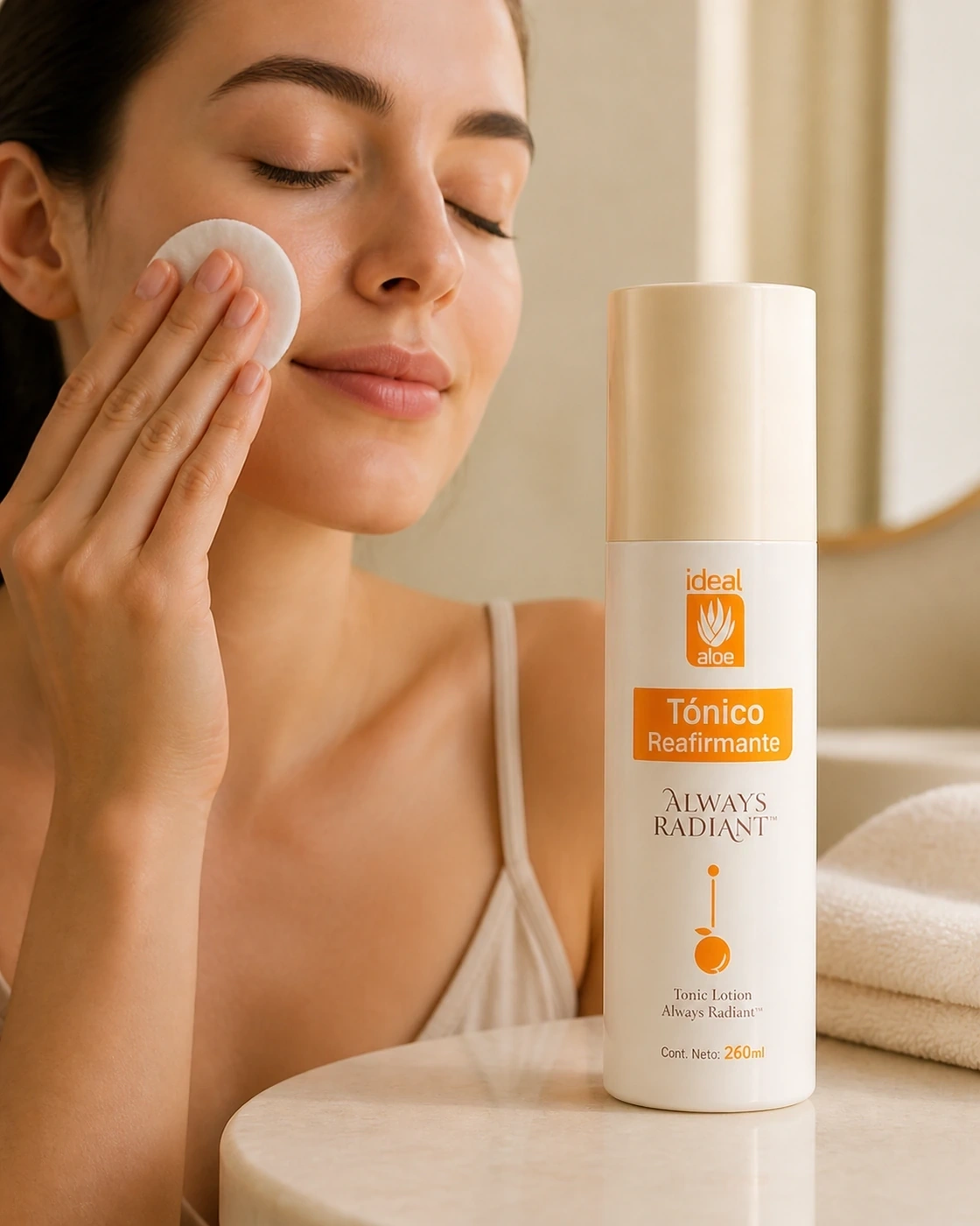 Aplicación de Tónico Reafirmante Always Radiant con algodón sobre el rostro