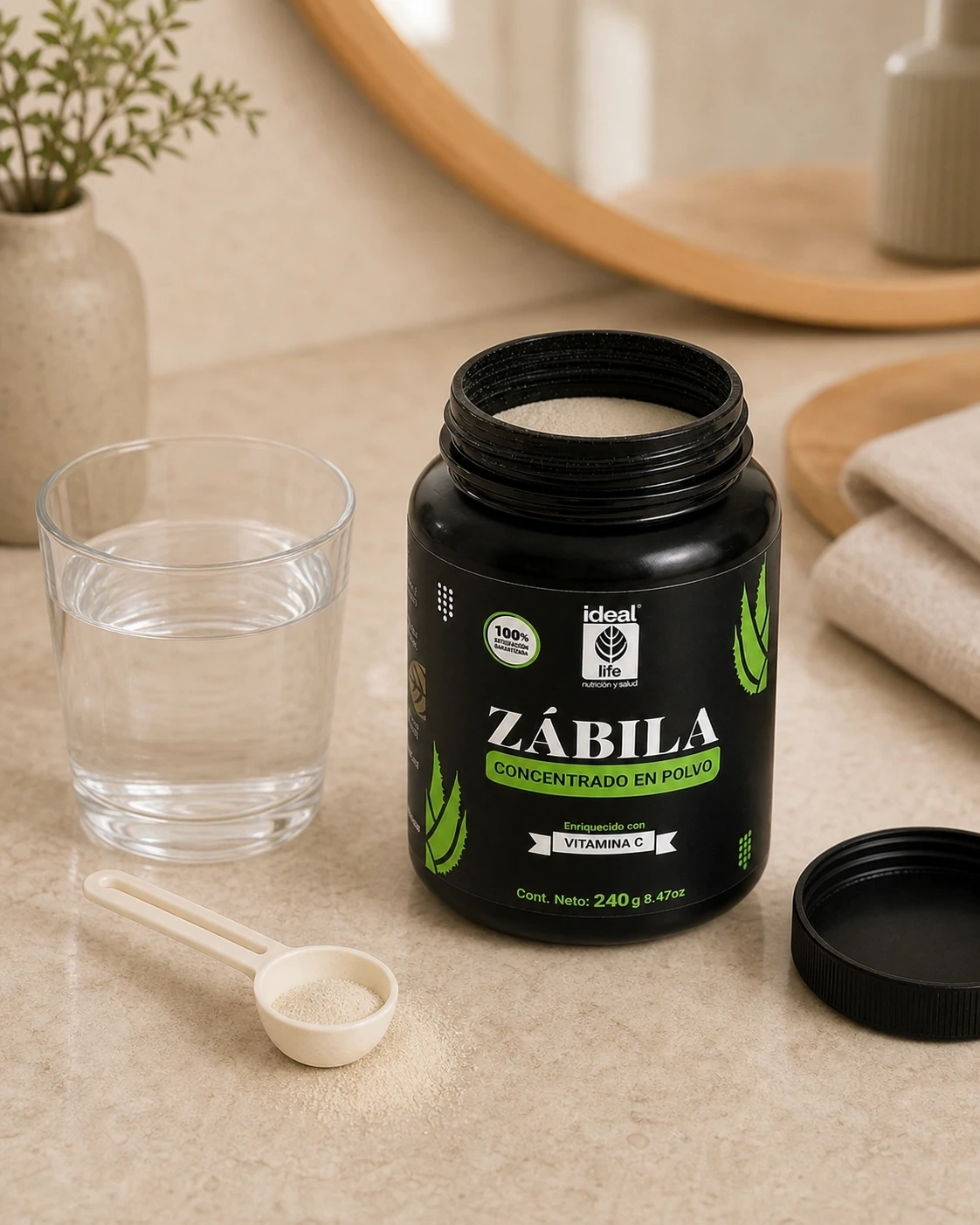 Detalle de Zábila Bebida en Polvo abierta junto a un vaso y una cuchara