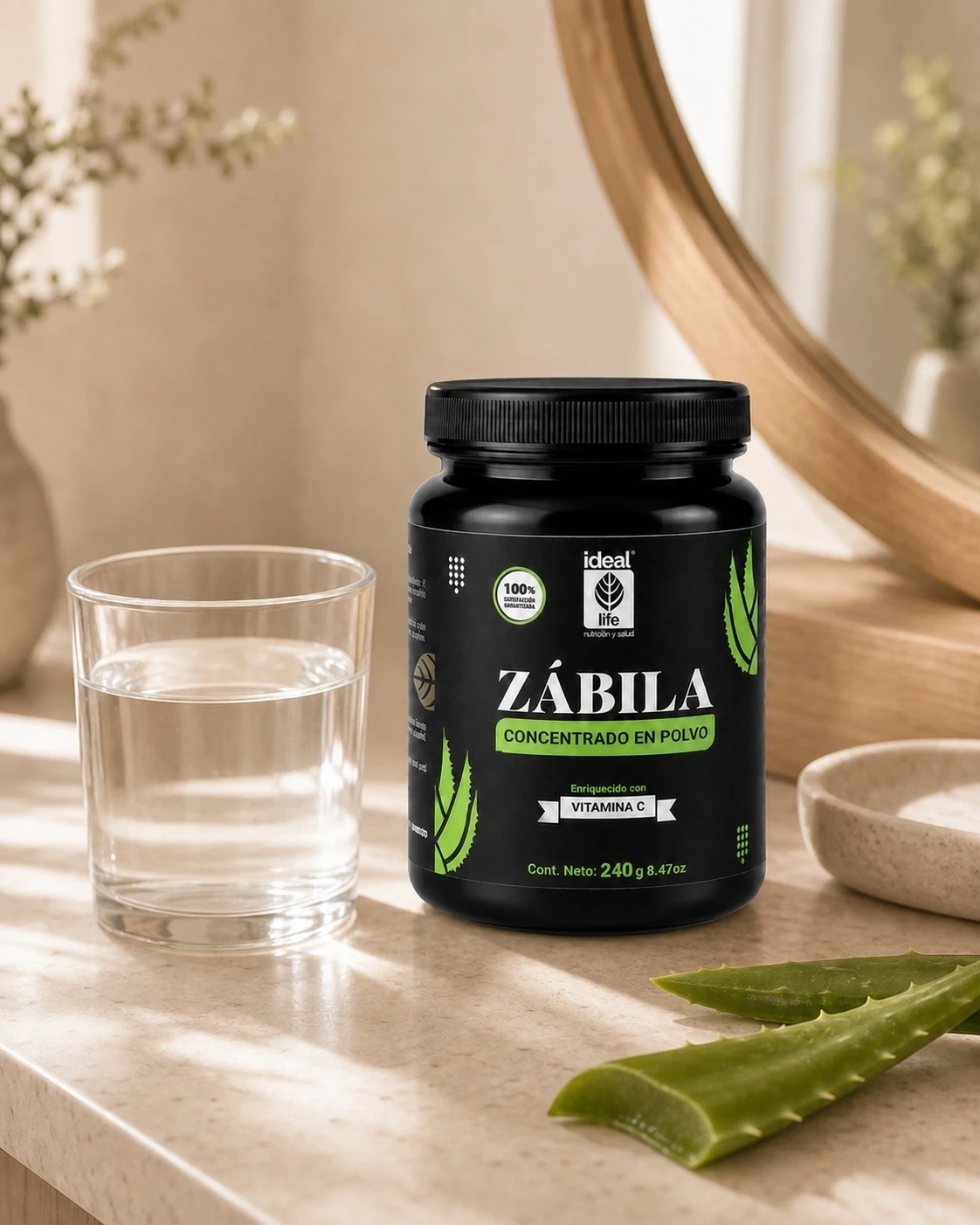 Zábila Bebida en Polvo en un tocador cálido junto a un vaso de agua y aloe