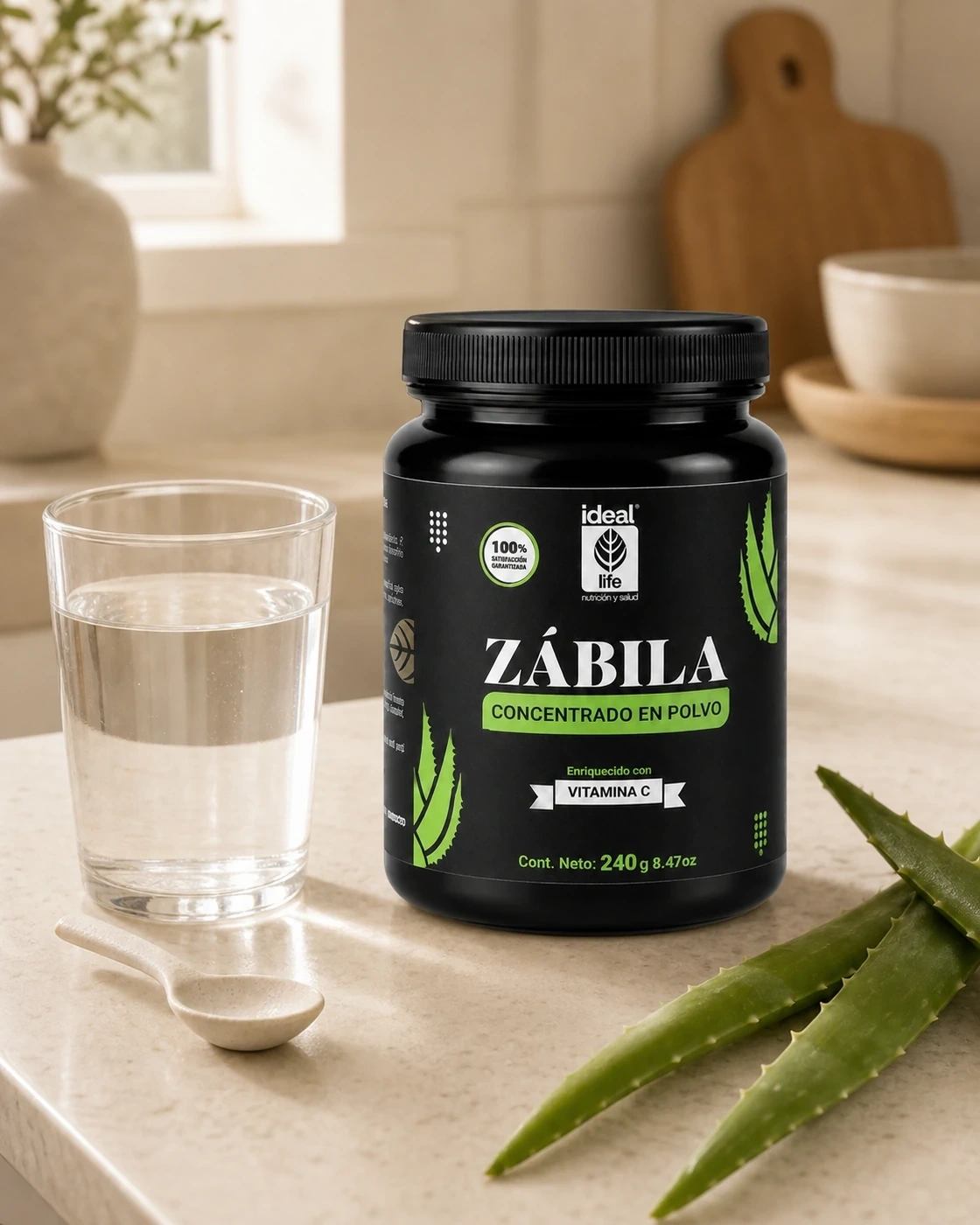 Zábila Bebida en Polvo en una rutina cotidiana de preparación en cocina